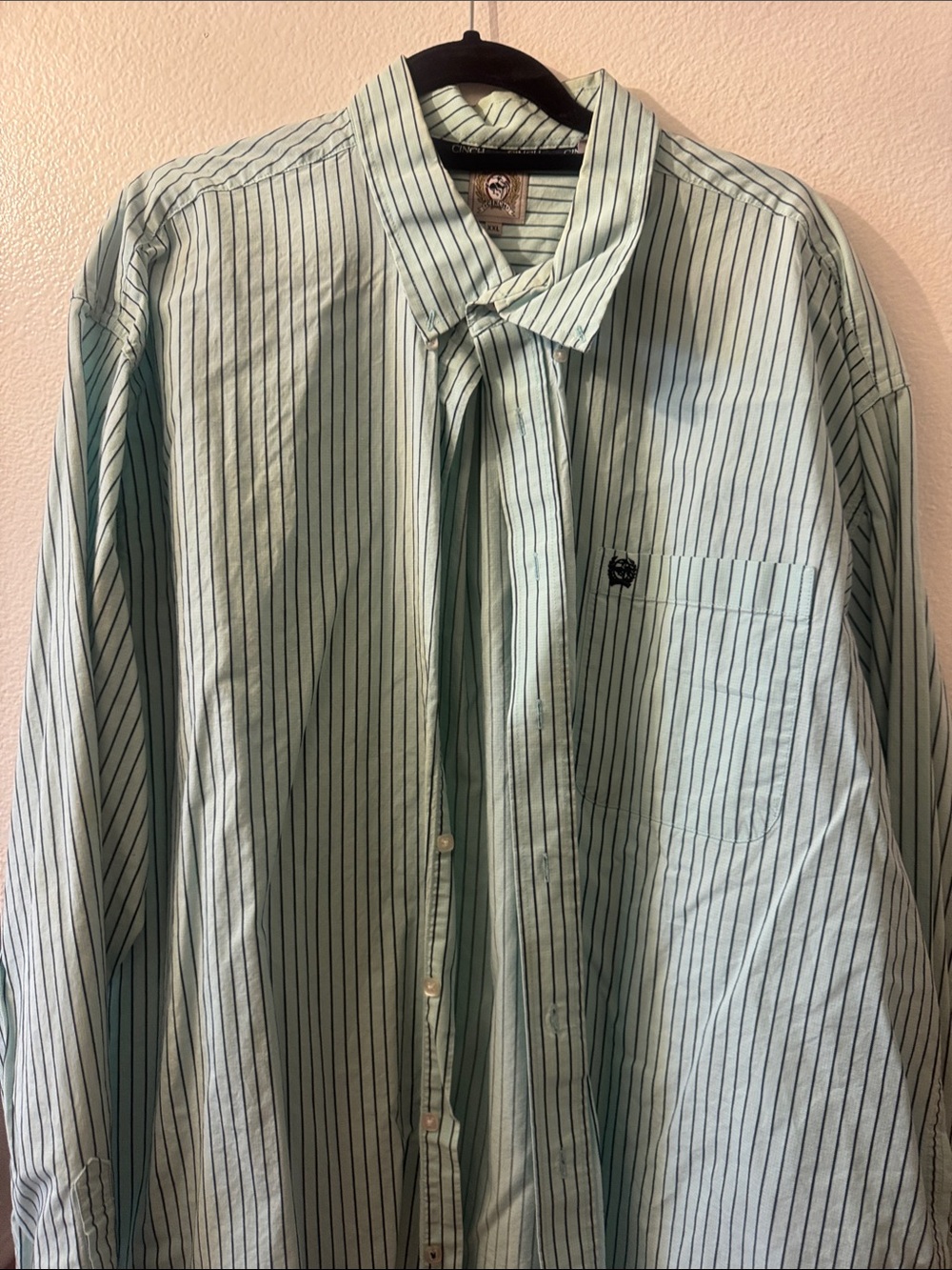 Cinch Men's Mint Green and Navy Vertical Stripe Dress Shirt